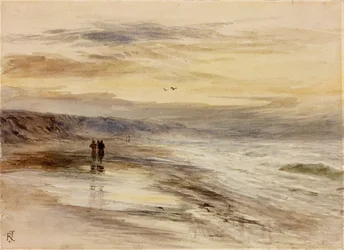 夕暮れの海岸の人物像（紙に水彩（カードに貼り付け））